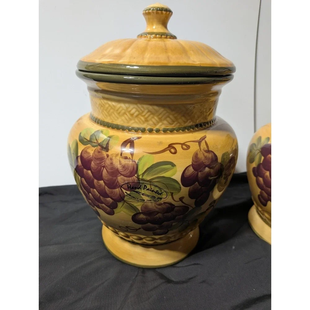 Casa‎ Vero By ACK Grape Pattern Canisters  Set Of Four Hand Painted Gold Glaze